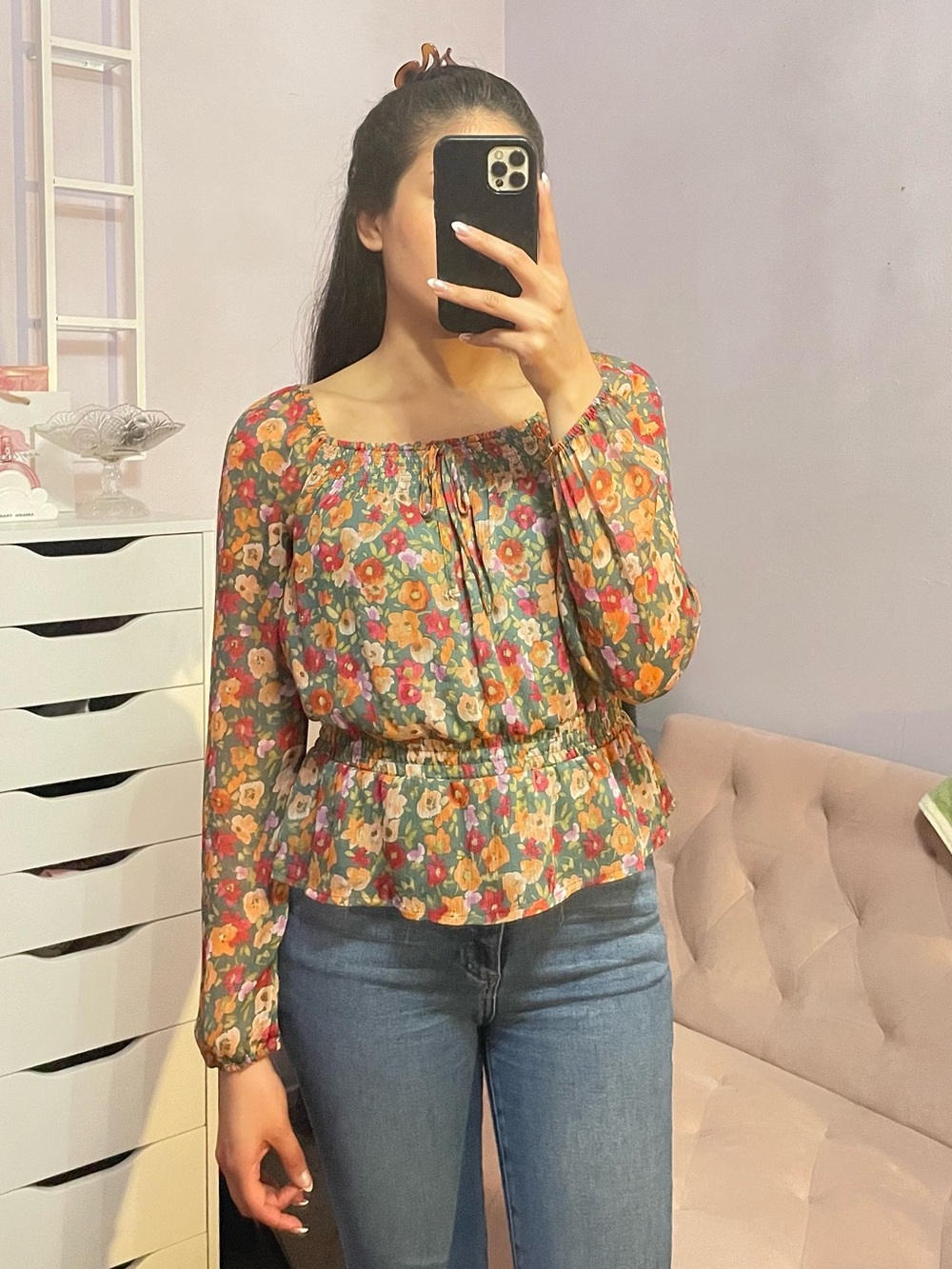 LC | Lauren Conrad Green Floral Peasant Blouse with Pink & Orange Flowers